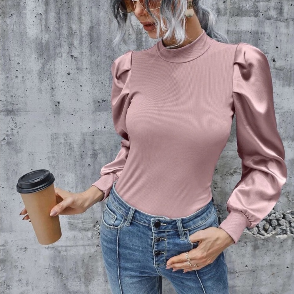 Ribbed satin puff sleeve blouse-Baby blue - Picture 5 of 14